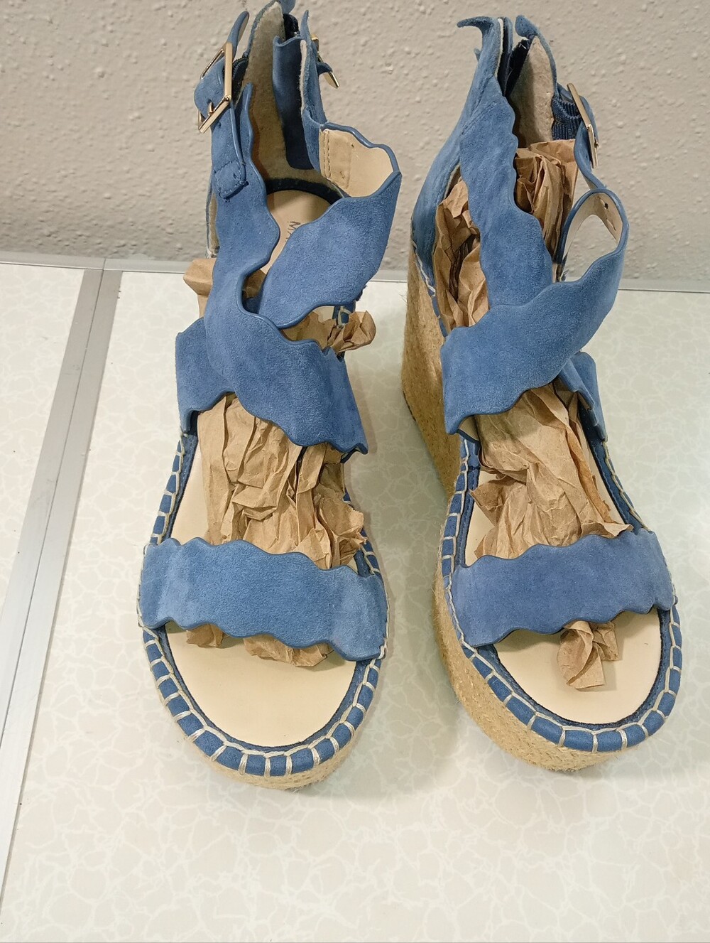 Womens Marc Fisher Blue Suede Wedge Espadrille Sandals sz 10